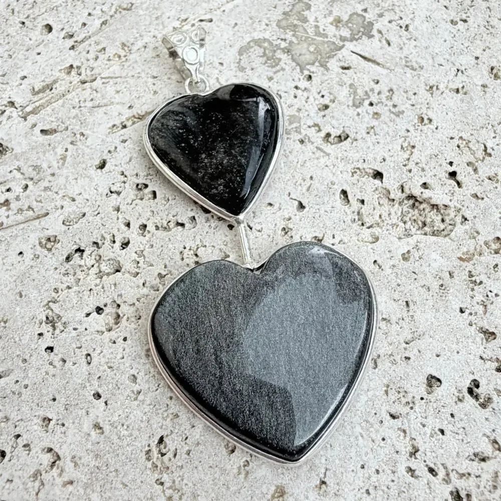 Silver Obsidian Double Heart Pendant 925 Silver Overlay